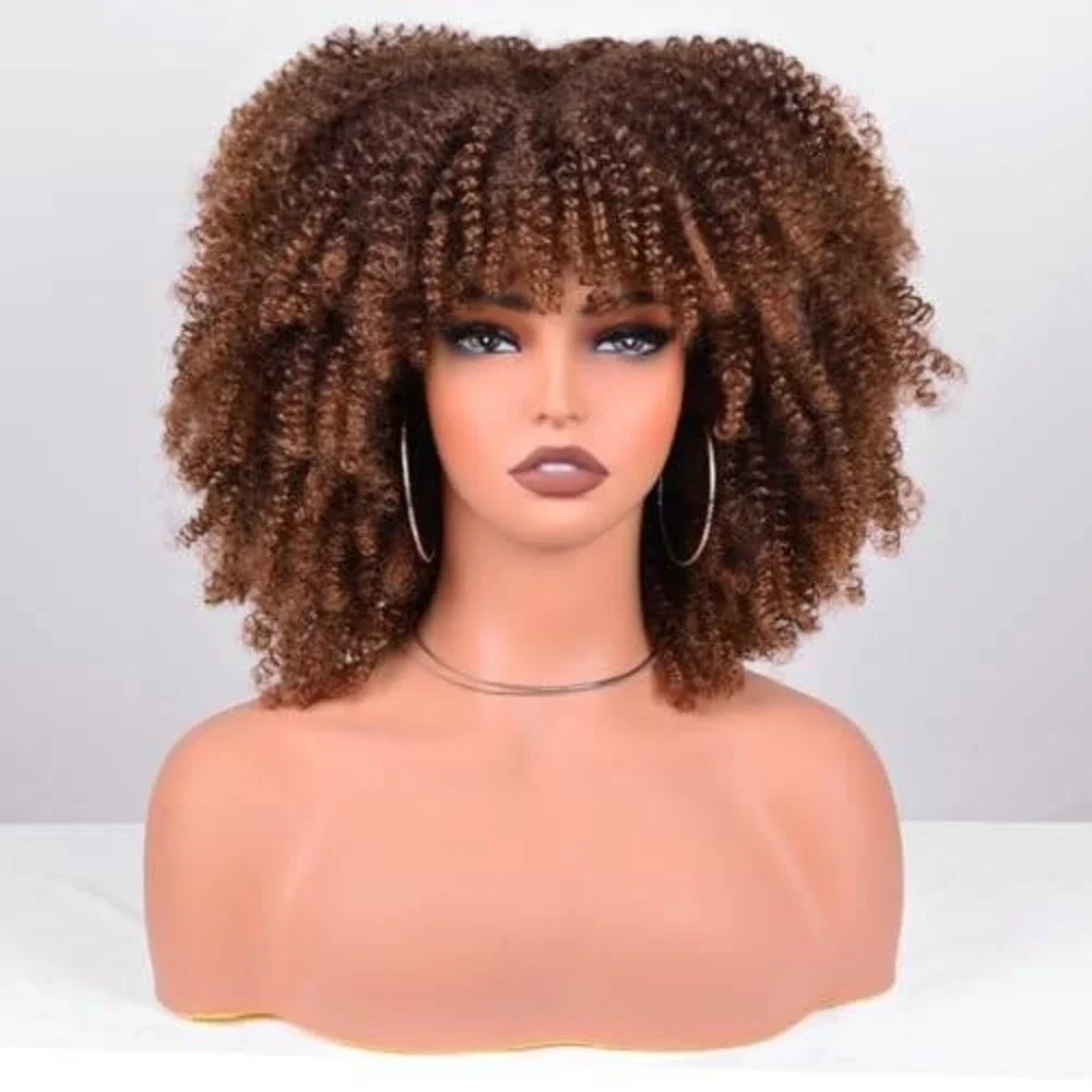 Brown Ombre Afro Kinky Curly Wig with‎ Bangs Short Synthetic Bob Heat Resistant